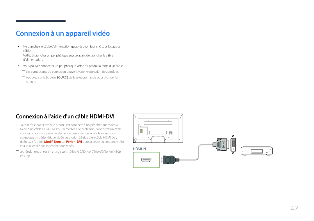 Samsung LH32EDCPLBC/EN, LH75EDCPLBC/EN, LH65EDCPLBC/EN Connexion à un appareil vidéo, Connexion à laide dun câble HDMI-DVI 