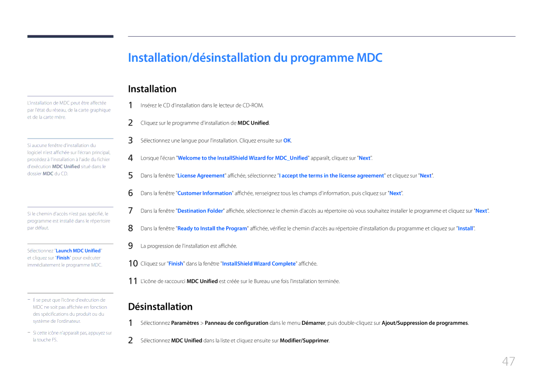 Samsung LH55EDCPLBC/EN, LH32EDCPLBC/EN, LH75EDCPLBC/EN manual Installation/désinstallation du programme MDC, Désinstallation 