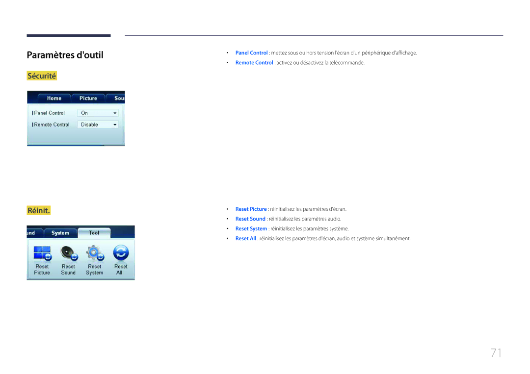 Samsung LH55EDCPLBC/EN, LH32EDCPLBC/EN, LH75EDCPLBC/EN, LH65EDCPLBC/EN, LH40EDCPLBC/EN Paramètres doutil, Sécurité Réinit 