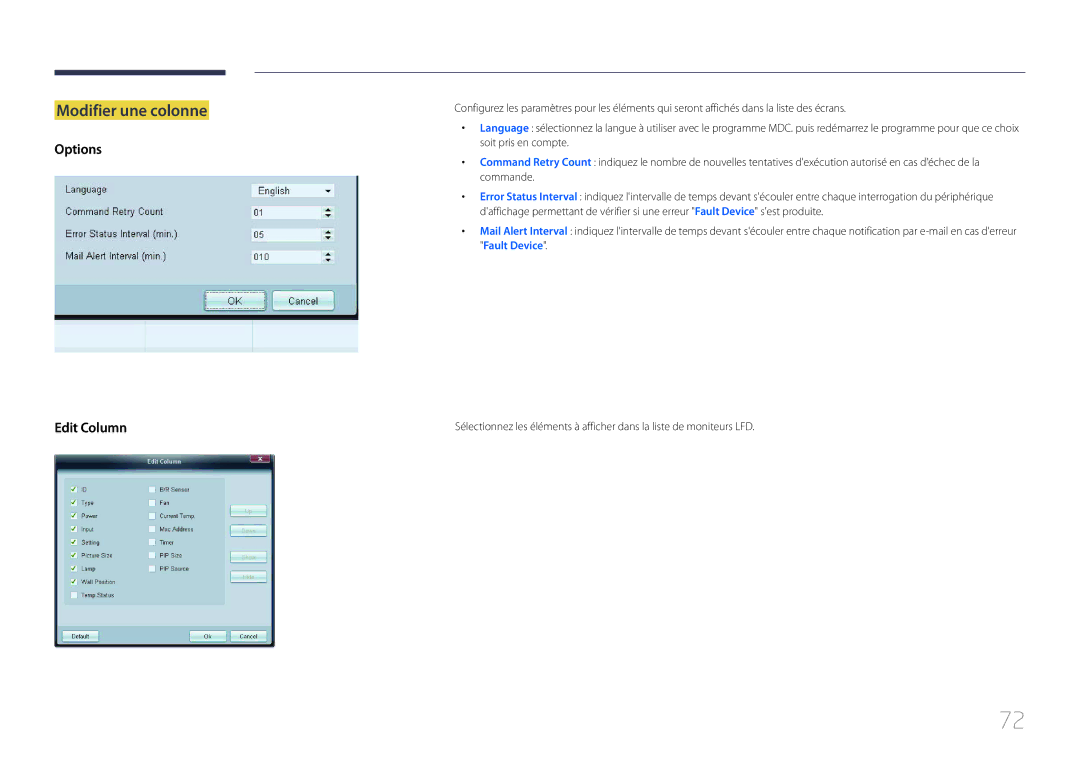 Samsung LH32EDCPLBC/EN, LH75EDCPLBC/EN, LH65EDCPLBC/EN, LH40EDCPLBC/EN manual Modifier une colonne, Options Edit Column 