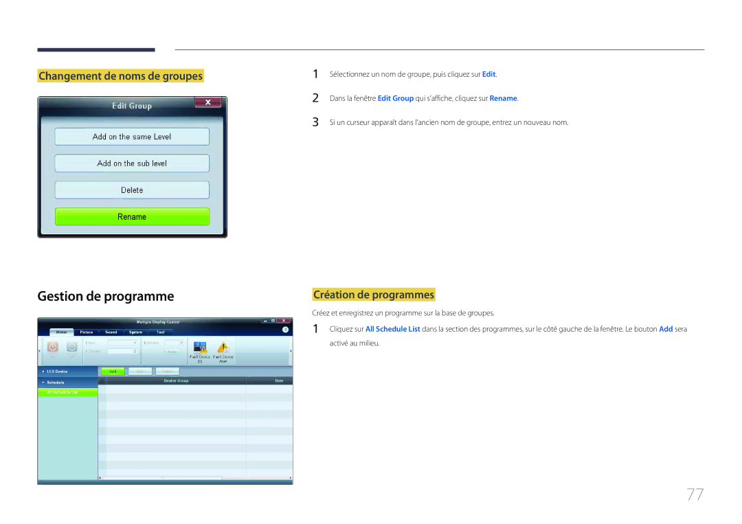 Samsung LH55EDCPLBC/EN, LH32EDCPLBC/EN manual Gestion de programme, Changement de noms de groupes, Création de programmes 