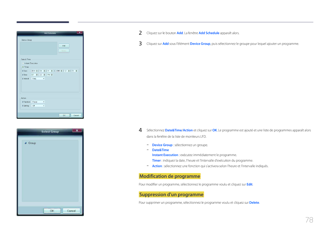 Samsung LH32EDCPLBC/EN, LH75EDCPLBC/EN, LH65EDCPLBC/EN, LH40EDCPLBC/EN Modification de programme, Suppression dun programme 