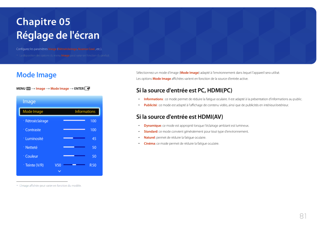 Samsung LH40EDCPLBC/EN Réglage de lécran, Mode Image, Si la source dentrée est PC, Hdmipc, Si la source dentrée est Hdmiav 