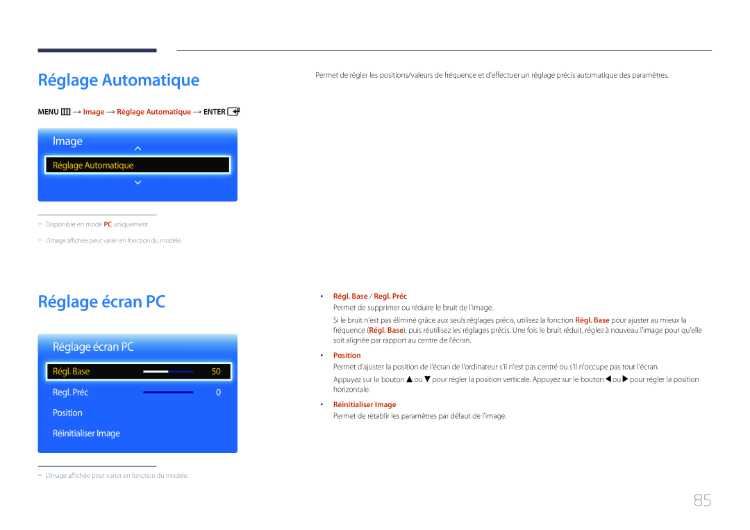 Samsung LH75EDCPLBC/EN, LH32EDCPLBC/EN, LH65EDCPLBC/EN, LH40EDCPLBC/EN, LH46EDCPLBC/EN Réglage Automatique, Réglage écran PC 