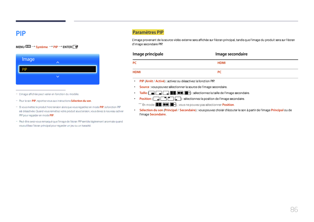 Samsung LH65EDCPLBC/EN, LH32EDCPLBC/EN manual Paramètres PIP, Image principale Image secondaire, Menu m Système PIP Enter 