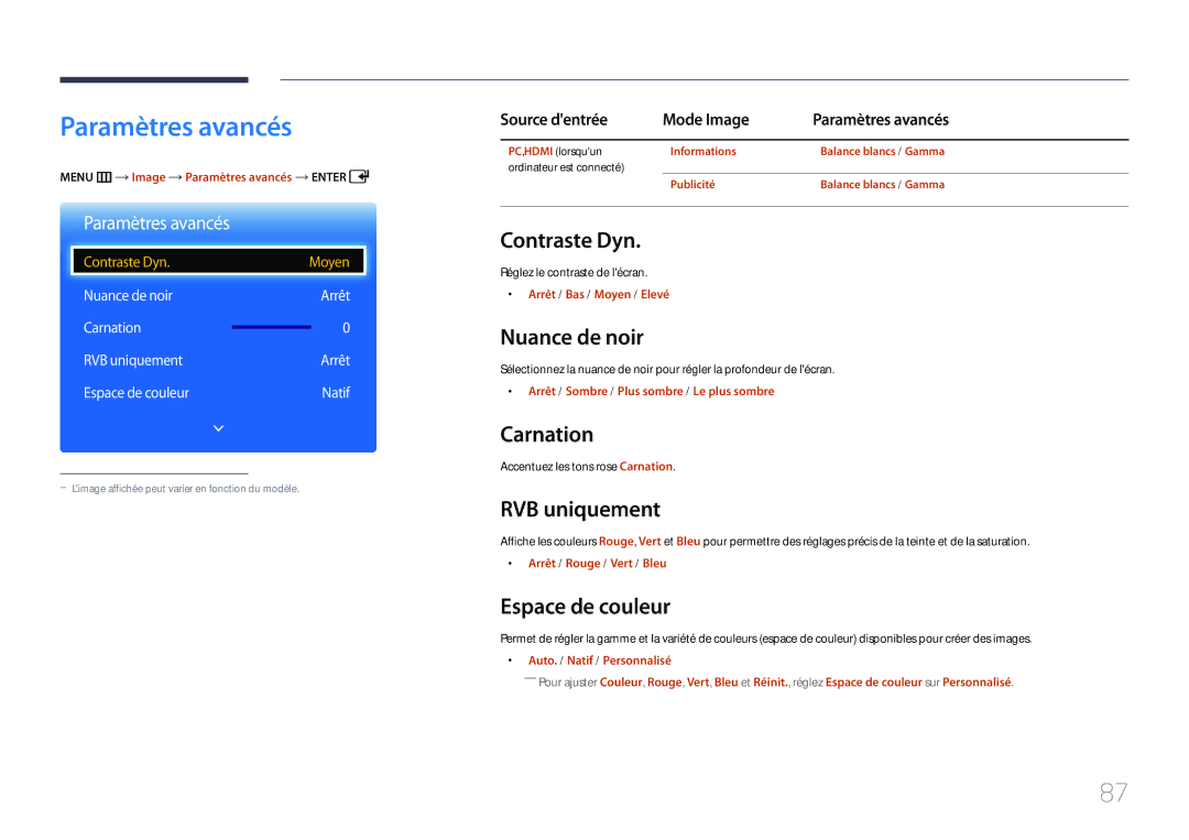 Samsung LH40EDCPLBC/EN, LH32EDCPLBC/EN, LH75EDCPLBC/EN, LH65EDCPLBC/EN, LH46EDCPLBC/EN, LH55EDCPLBC/EN manual Paramètres avancés 