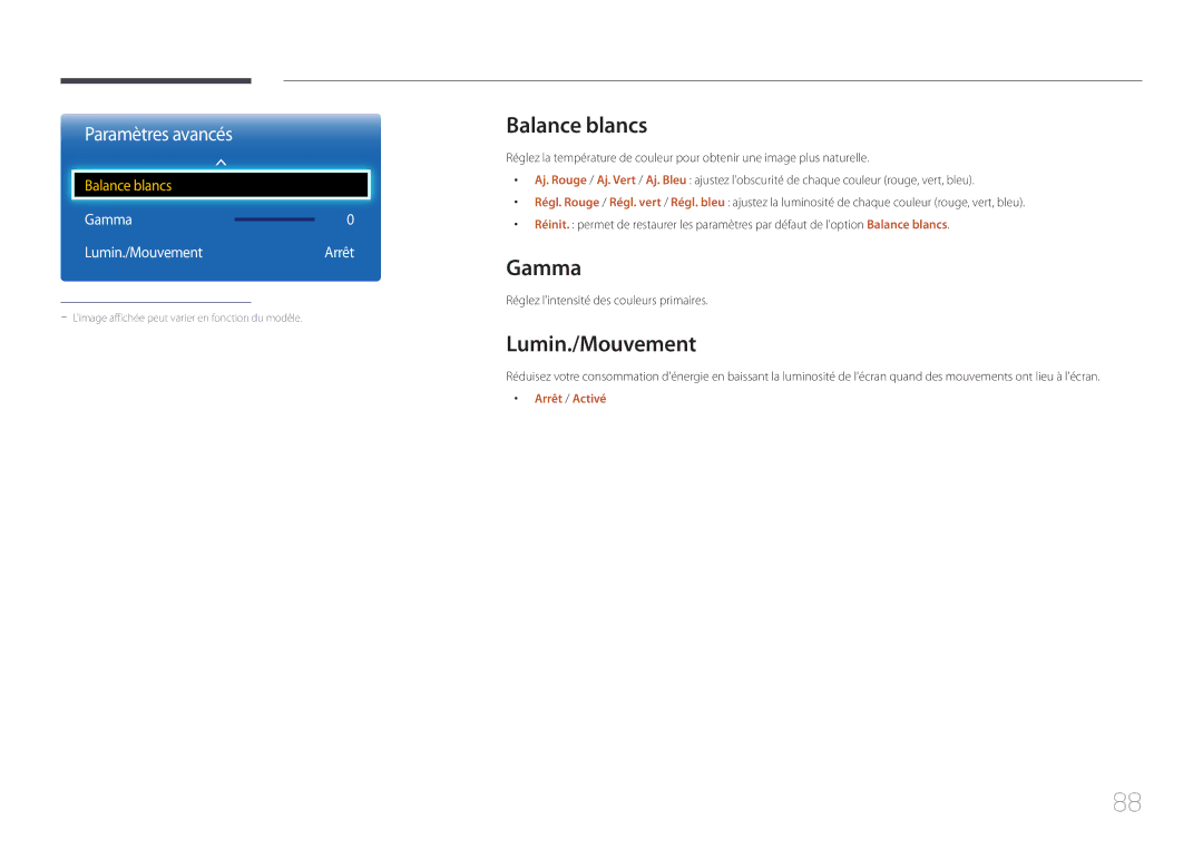 Samsung LH46EDCPLBC/EN, LH32EDCPLBC/EN, LH75EDCPLBC/EN manual Balance blancs, Gamma, Lumin./Mouvement, Arrêt / Activé 