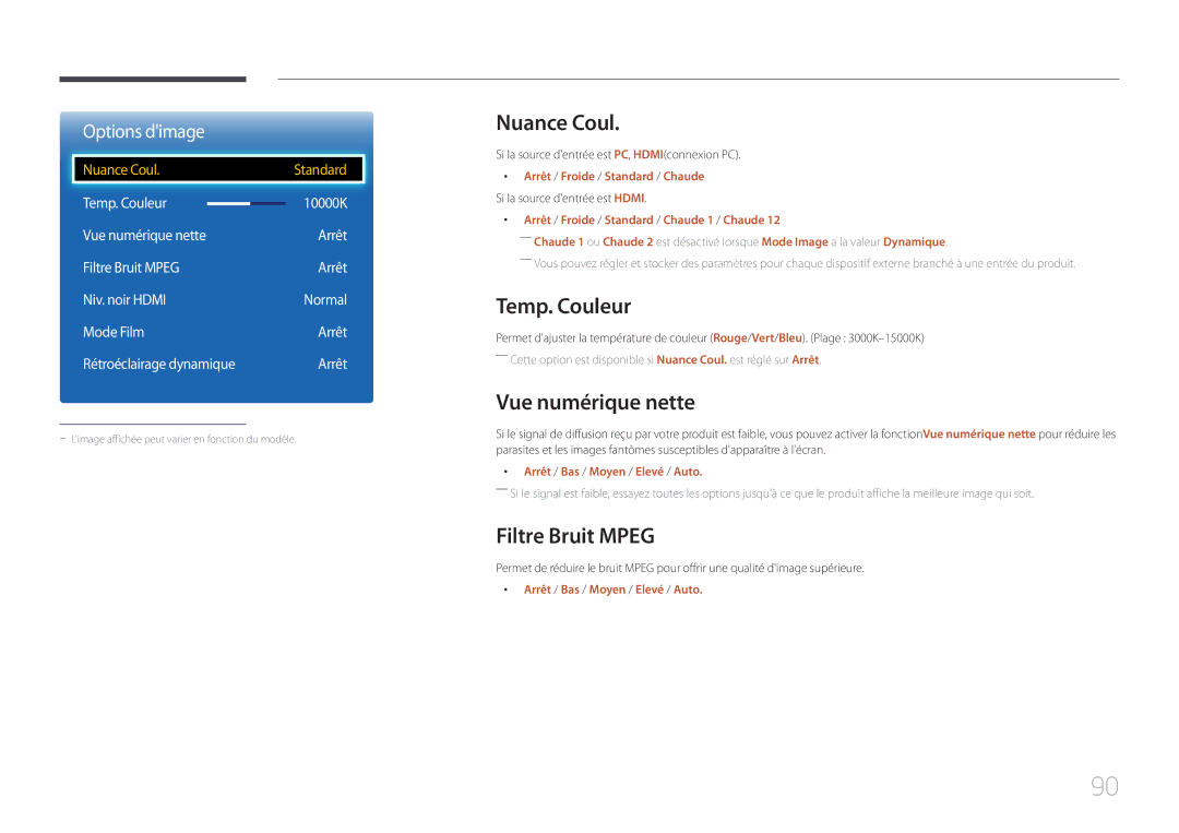 Samsung LH32EDCPLBC/EN, LH75EDCPLBC/EN, LH65EDCPLBC/EN Nuance Coul, Temp. Couleur, Vue numérique nette, Filtre Bruit Mpeg 