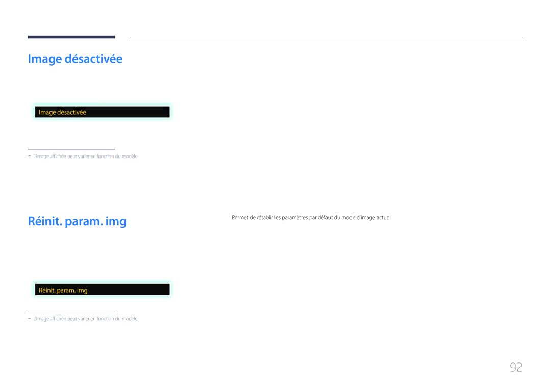 Samsung LH65EDCPLBC/EN, LH32EDCPLBC/EN, LH75EDCPLBC/EN, LH40EDCPLBC/EN, LH46EDCPLBC/EN Image désactivée, Réinit. param. img 