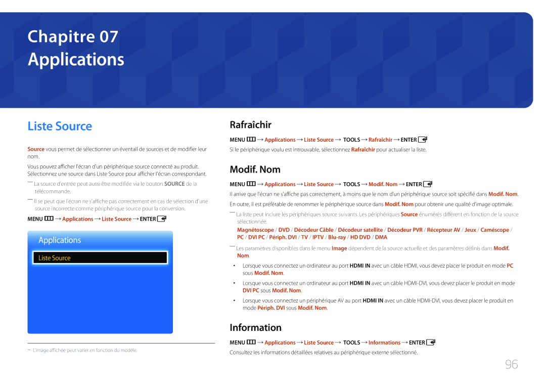 Samsung LH32EDCPLBC/EN, LH75EDCPLBC/EN, LH65EDCPLBC/EN manual Applications, Liste Source, Rafraîchir, Modif. Nom, Information 