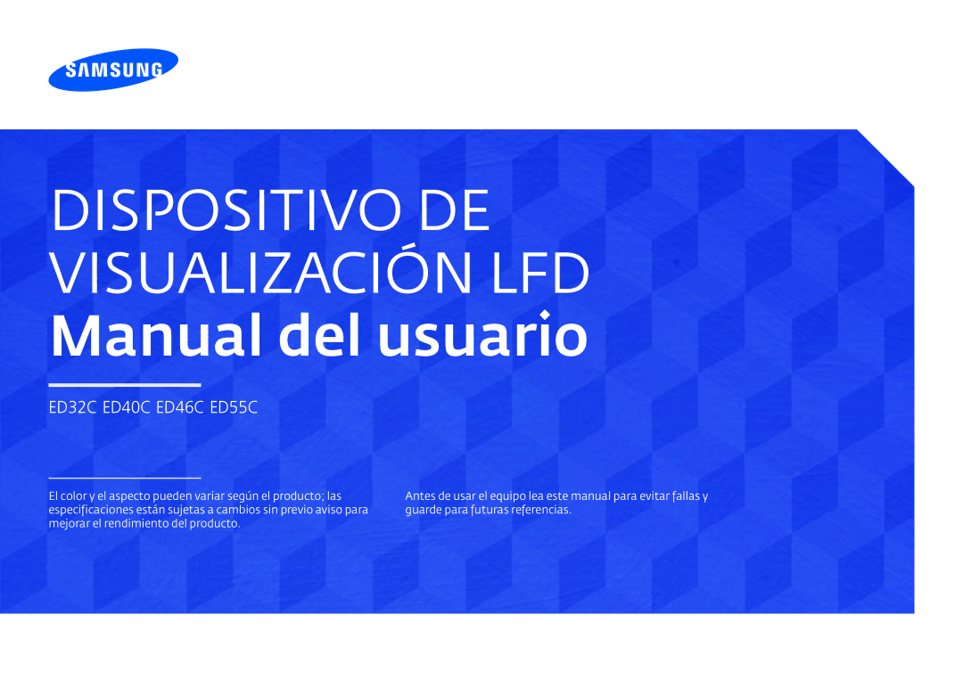 Samsung LH75EDCPLBC/EN, LH32EDCPLBC/EN, LH65EDCPLBC/EN manual Dispositivo DE Visualización LFD Manual del usuario 