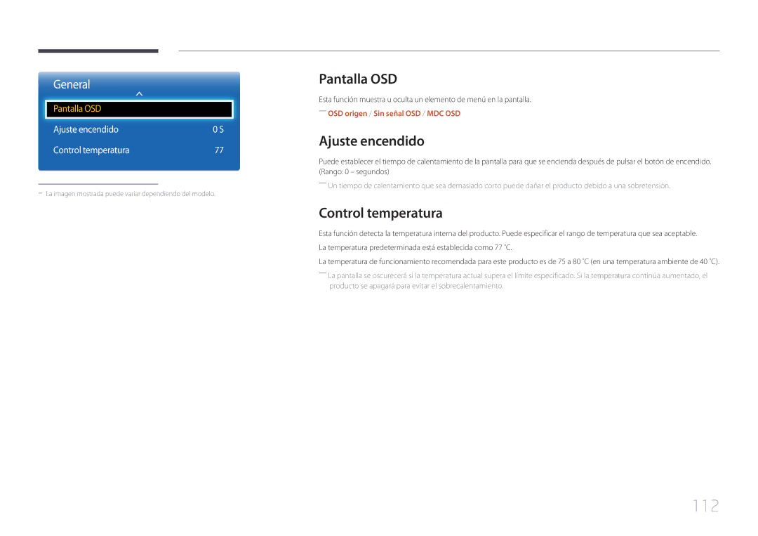 Samsung LH46EDCPLBC/EN, LH32EDCPLBC/EN, LH75EDCPLBC/EN manual 112, Pantalla OSD, Ajuste encendido Control temperatura 