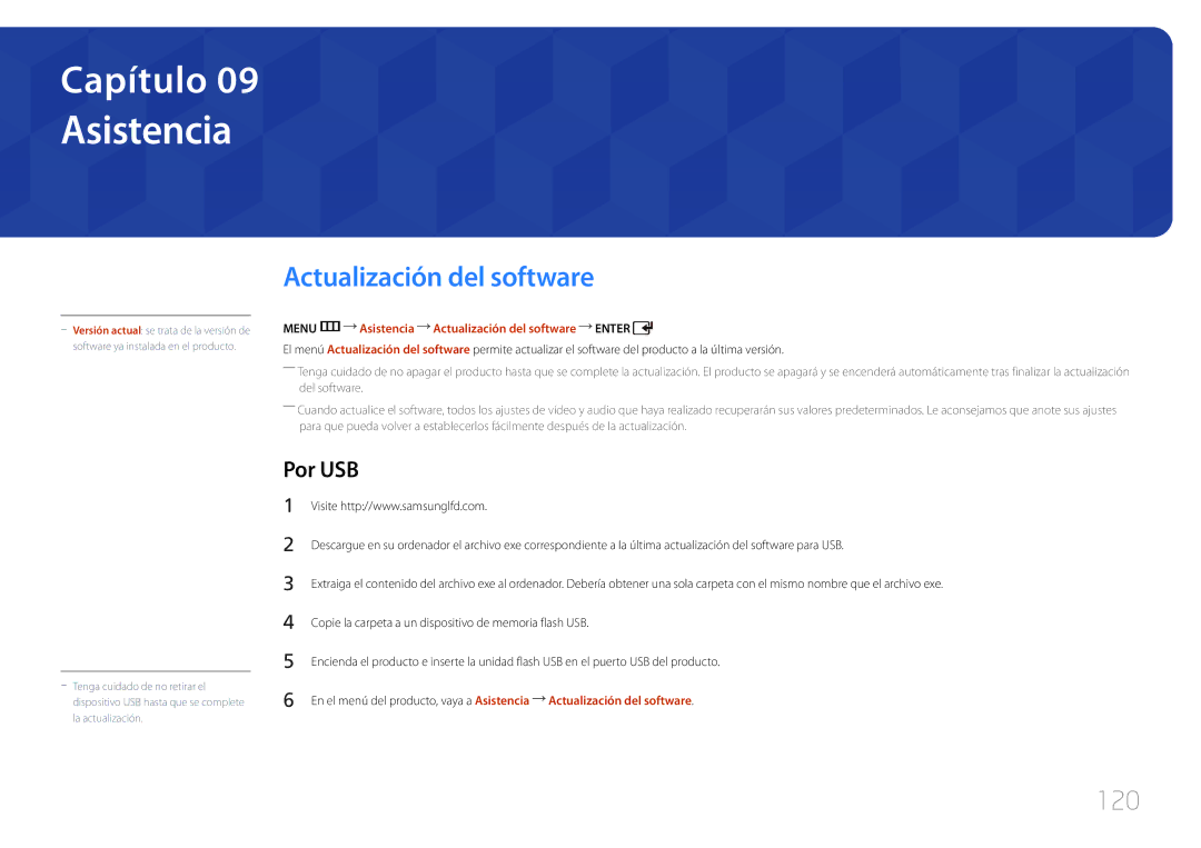 Samsung LH32EDCPLBC/EN, LH75EDCPLBC/EN, LH65EDCPLBC/EN, LH40EDCPLBC/EN Asistencia, Actualización del software, 120, Por USB 