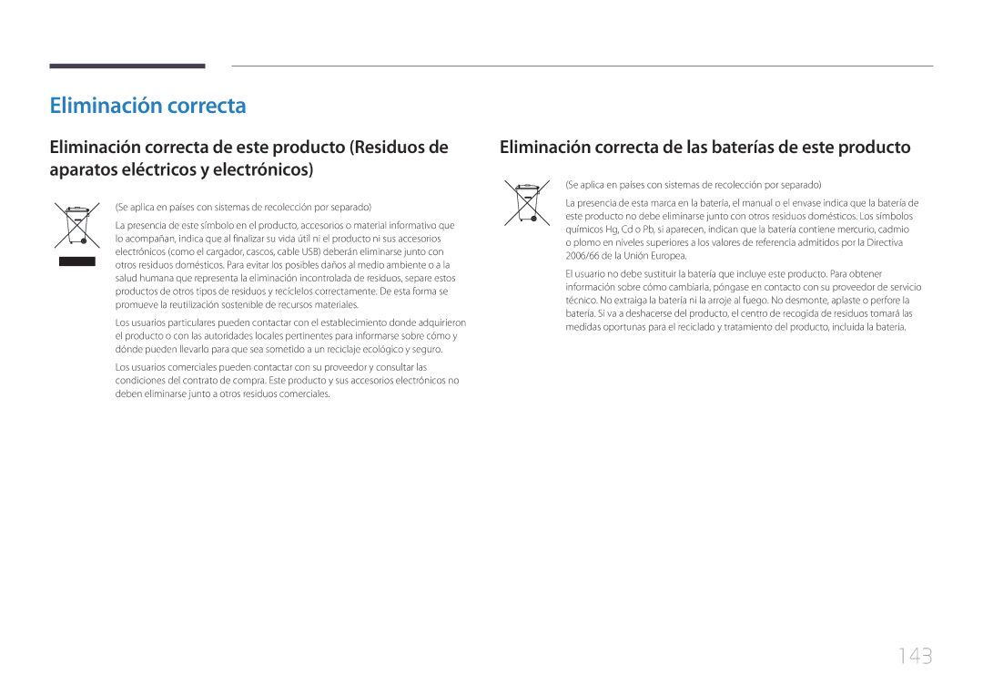 Samsung LH55EDCPLBC/EN, LH32EDCPLBC/EN, LH75EDCPLBC/EN manual 143, Eliminación correcta de las baterías de este producto 