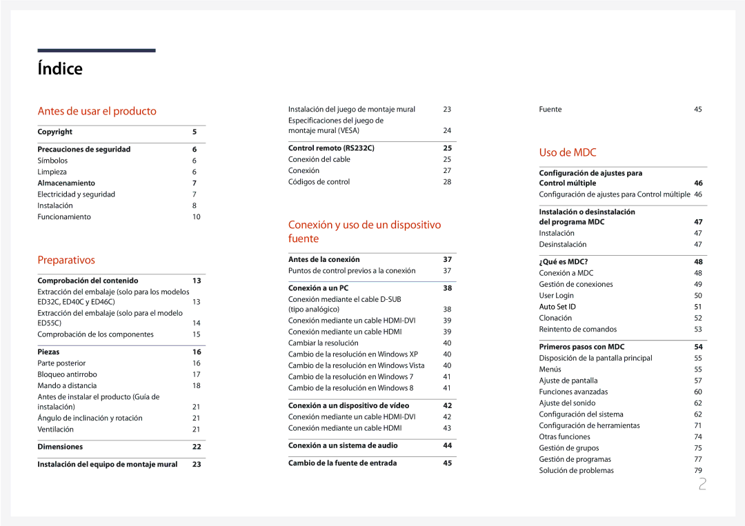 Samsung LH65EDCPLBC/EN, LH32EDCPLBC/EN, LH75EDCPLBC/EN, LH40EDCPLBC/EN, LH46EDCPLBC/EN, LH55EDCPLBC/EN manual Índice 