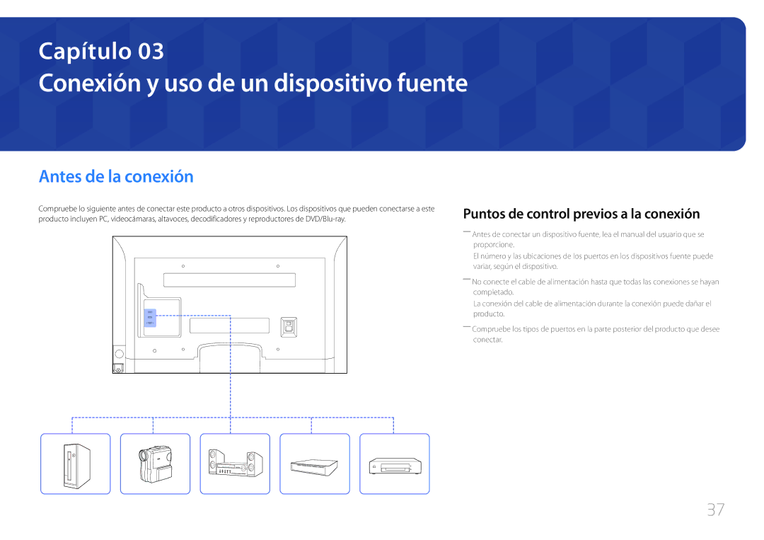 Samsung LH75EDCPLBC/EN, LH32EDCPLBC/EN, LH65EDCPLBC/EN manual Conexión y uso de un dispositivo fuente, Antes de la conexión 