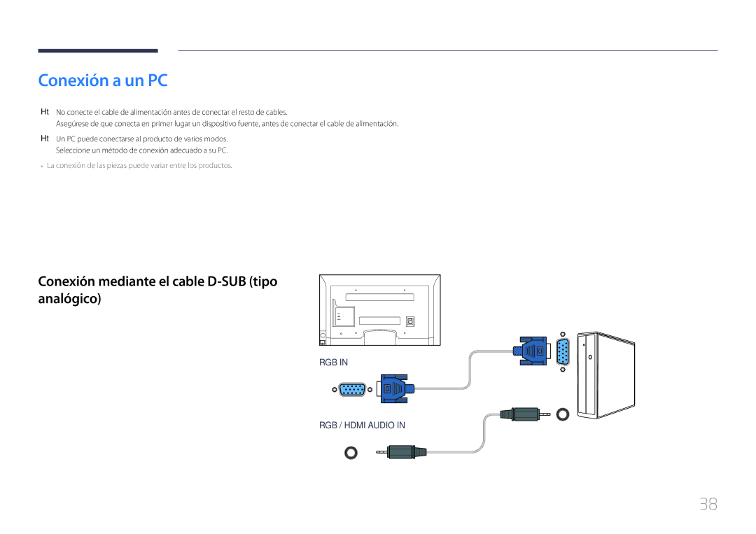 Samsung LH65EDCPLBC/EN, LH32EDCPLBC/EN, LH75EDCPLBC/EN Conexión a un PC, Conexión mediante el cable D-SUB tipo analógico 