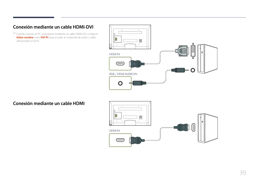 Samsung LH40EDCPLBC/EN, LH32EDCPLBC/EN, LH75EDCPLBC/EN Conexión mediante un cable HDMI-DVI, Conexión mediante un cable Hdmi 