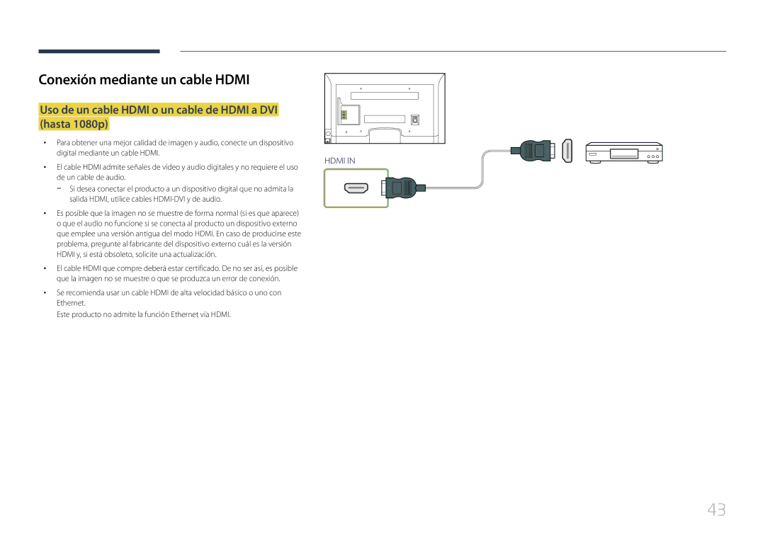 Samsung LH75EDCPLBC/EN, LH32EDCPLBC/EN, LH65EDCPLBC/EN manual Uso de un cable Hdmi o un cable de Hdmi a DVI hasta 1080p 