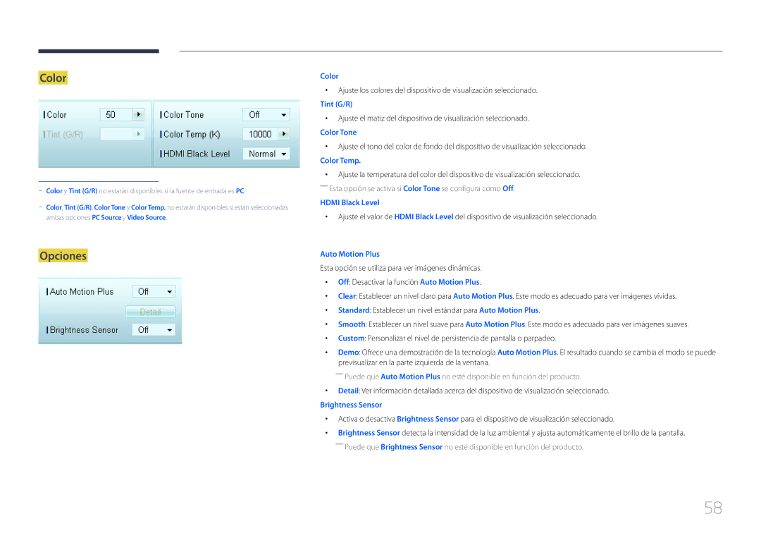 Samsung LH46EDCPLBC/EN, LH32EDCPLBC/EN, LH75EDCPLBC/EN, LH65EDCPLBC/EN, LH40EDCPLBC/EN, LH55EDCPLBC/EN manual Color, Opciones 