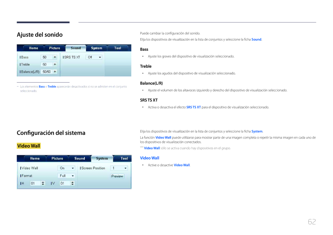 Samsung LH65EDCPLBC/EN, LH32EDCPLBC/EN, LH75EDCPLBC/EN, LH40EDCPLBC/EN manual Ajuste del sonido, Configuración del sistema 