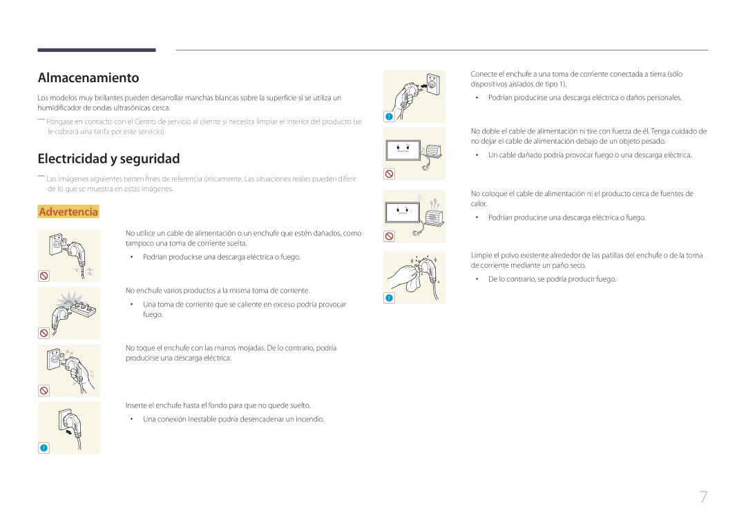 Samsung LH75EDCPLBC/EN, LH32EDCPLBC/EN, LH65EDCPLBC/EN, LH40EDCPLBC/EN manual Almacenamiento, Electricidad y seguridad 