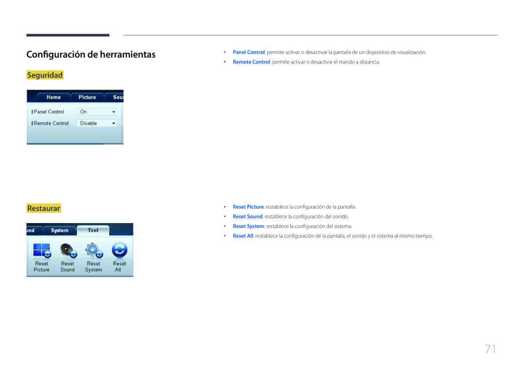 Samsung LH55EDCPLBC/EN, LH32EDCPLBC/EN, LH75EDCPLBC/EN, LH65EDCPLBC/EN Configuración de herramientas, Seguridad Restaurar 