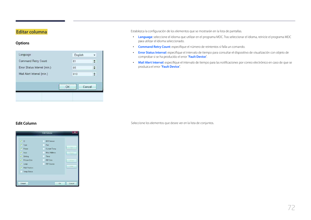 Samsung LH32EDCPLBC/EN, LH75EDCPLBC/EN, LH65EDCPLBC/EN, LH40EDCPLBC/EN, LH46EDCPLBC/EN Editar columna, Options Edit Column 