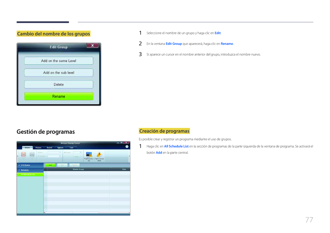 Samsung LH55EDCPLBC/EN, LH32EDCPLBC/EN manual Gestión de programas, Cambio del nombre de los grupos, Creación de programas 