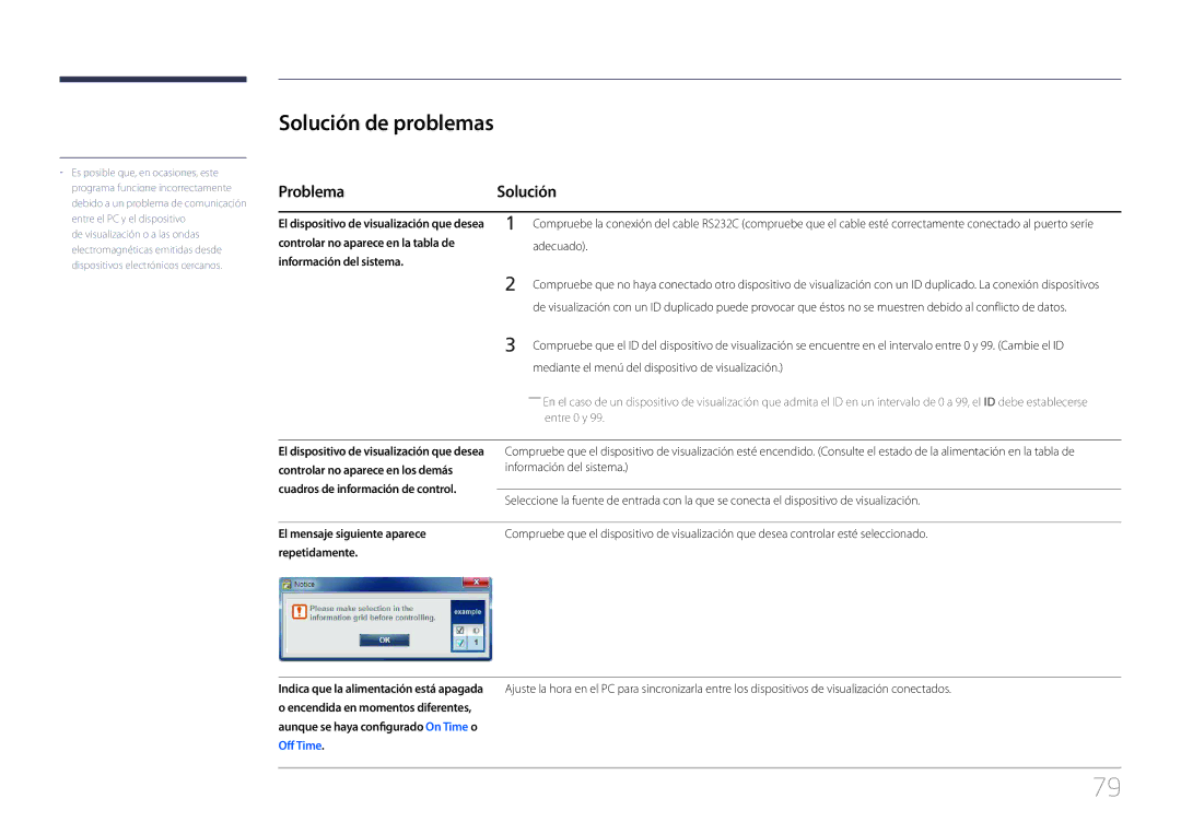 Samsung LH75EDCPLBC/EN manual Solución de problemas, Problema Solución, Mediante el menú del dispositivo de visualización 