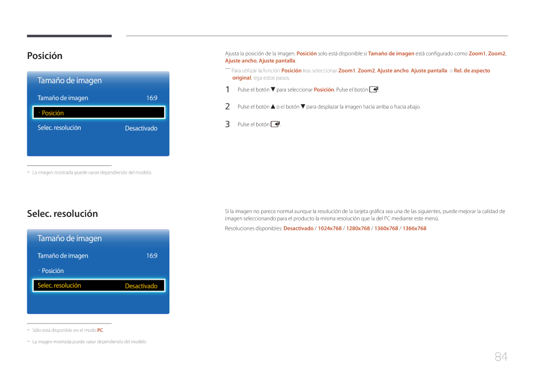 Samsung LH32EDCPLBC/EN, LH75EDCPLBC/EN, LH65EDCPLBC/EN manual Selec. resolución, Tamaño de imagen 169 · Posición 