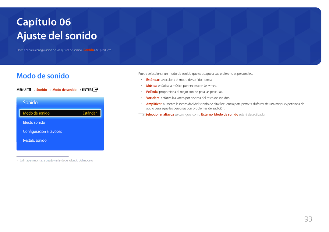 Samsung LH40EDCPLBC/EN Ajuste del sonido, Modo de sonido, Sonido, Efecto sonido Configuración altavoces Restab. sonido 