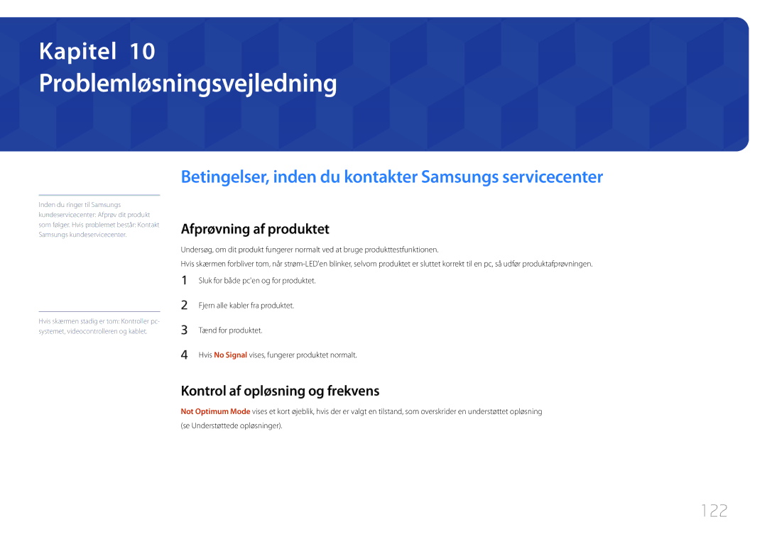 Samsung LH40EDCPLBC/EN manual Problemløsningsvejledning, Betingelser, inden du kontakter Samsungs servicecenter, 122 