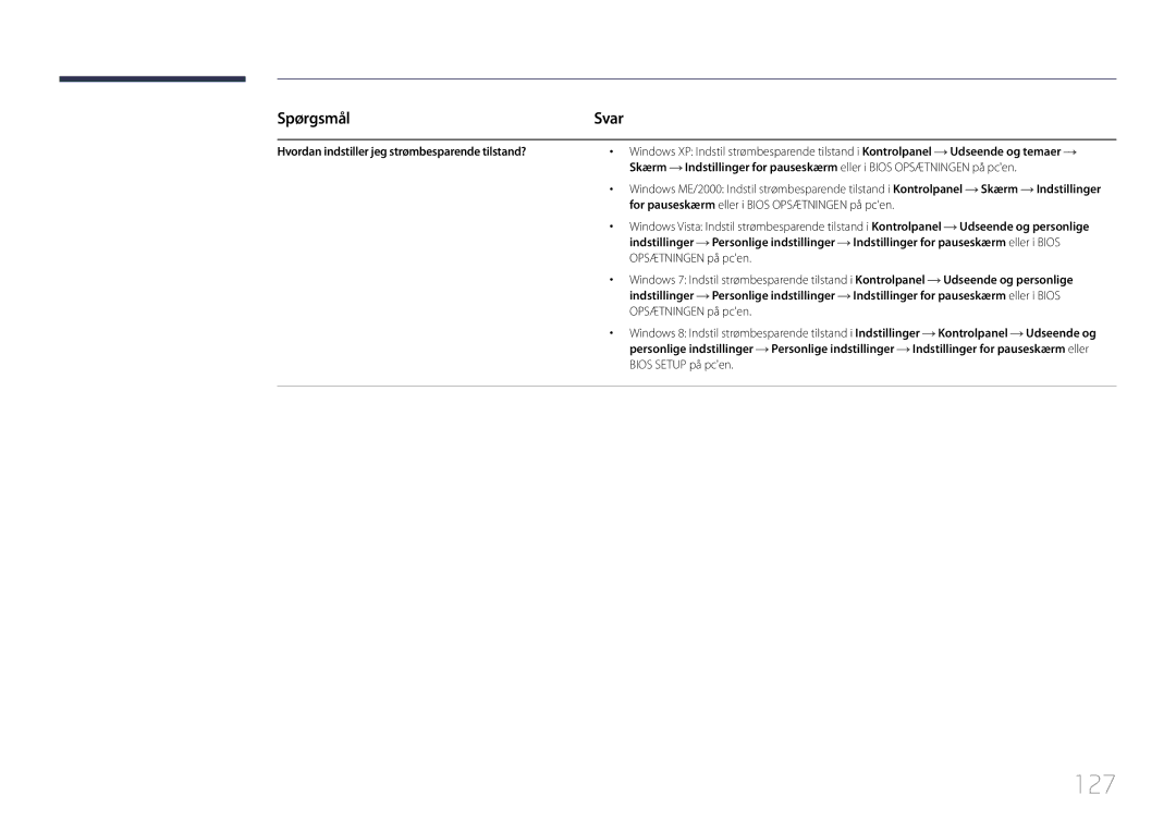 Samsung LH75EDCPLBC/EN, LH32EDCPLBC/EN 127, Svar, Hvordan indstiller jeg strømbesparende tilstand?, Opsætningen på pcen 