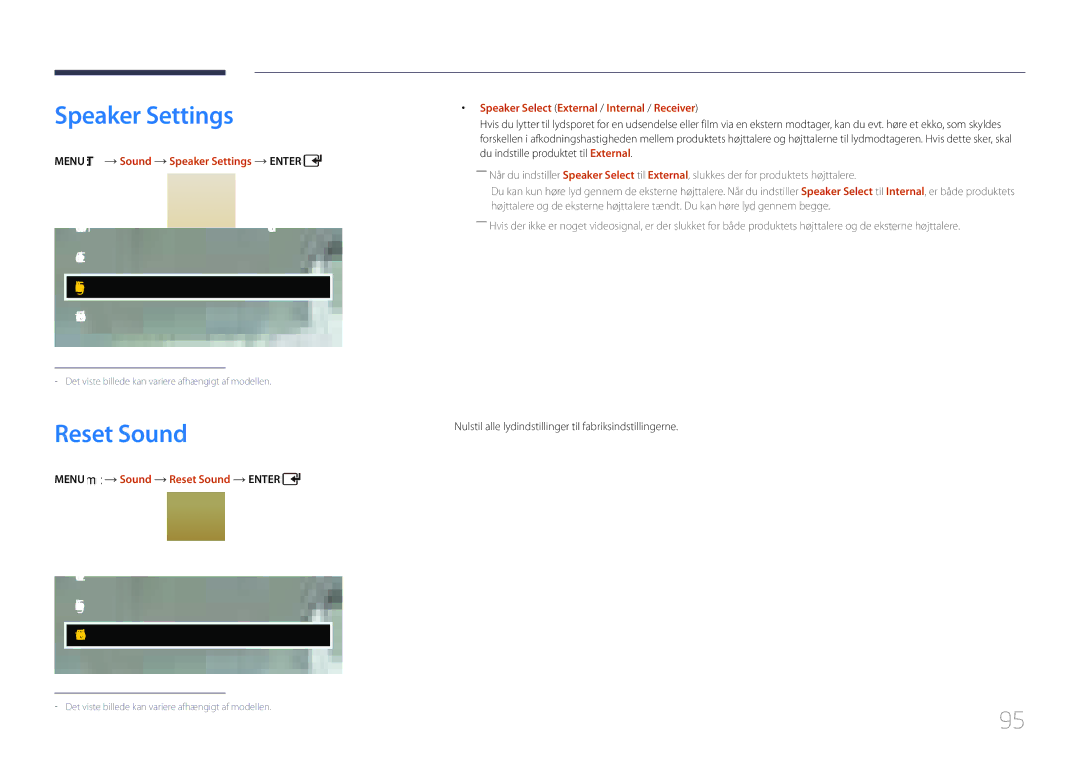 Samsung LH46EDCPLBC/EN, LH32EDCPLBC/EN, LH75EDCPLBC/EN, LH65EDCPLBC/EN Reset Sound, Sound Effect Speaker Settings 