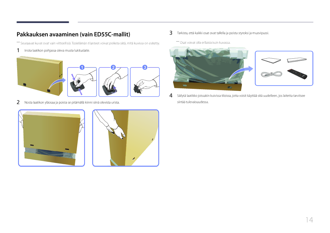 Samsung LH32EDCPLBC/EN, LH75EDCPLBC/EN Pakkauksen avaaminen vain ED55C-mallit, ――Osat voivat olla erilaisia kuin kuvassa 