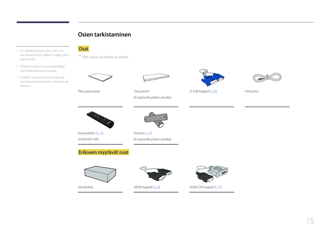 Samsung LH75EDCPLBC/EN Osien tarkistaminen, Osat, Erikseen myytävät osat, Pika-asetusopas Takuukortti SUB-kaapeli s.38 