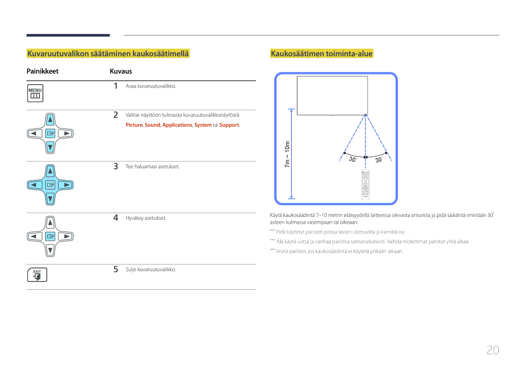 Samsung LH65EDCPRBC/EN manual Kuvaruutuvalikon säätäminen kaukosäätimellä, Kaukosäätimen toiminta-alue, PainikkeetKuvaus 