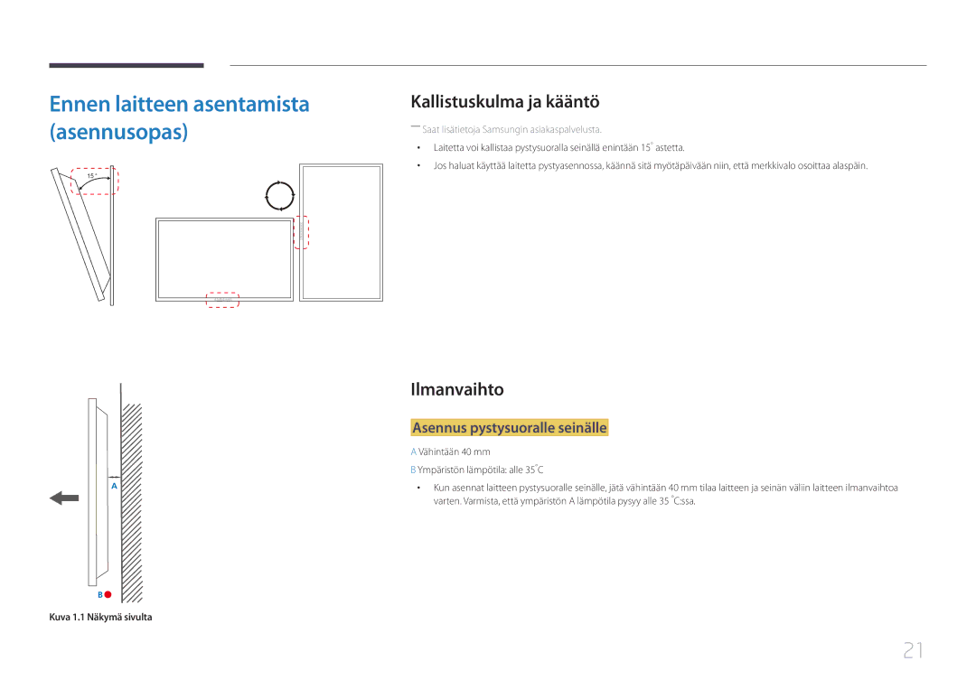 Samsung LH32EDCPLBC/EN Kallistuskulma ja kääntö, Ilmanvaihto, Asennus pystysuoralle seinälle, Kuva 1.1 Näkymä sivulta 