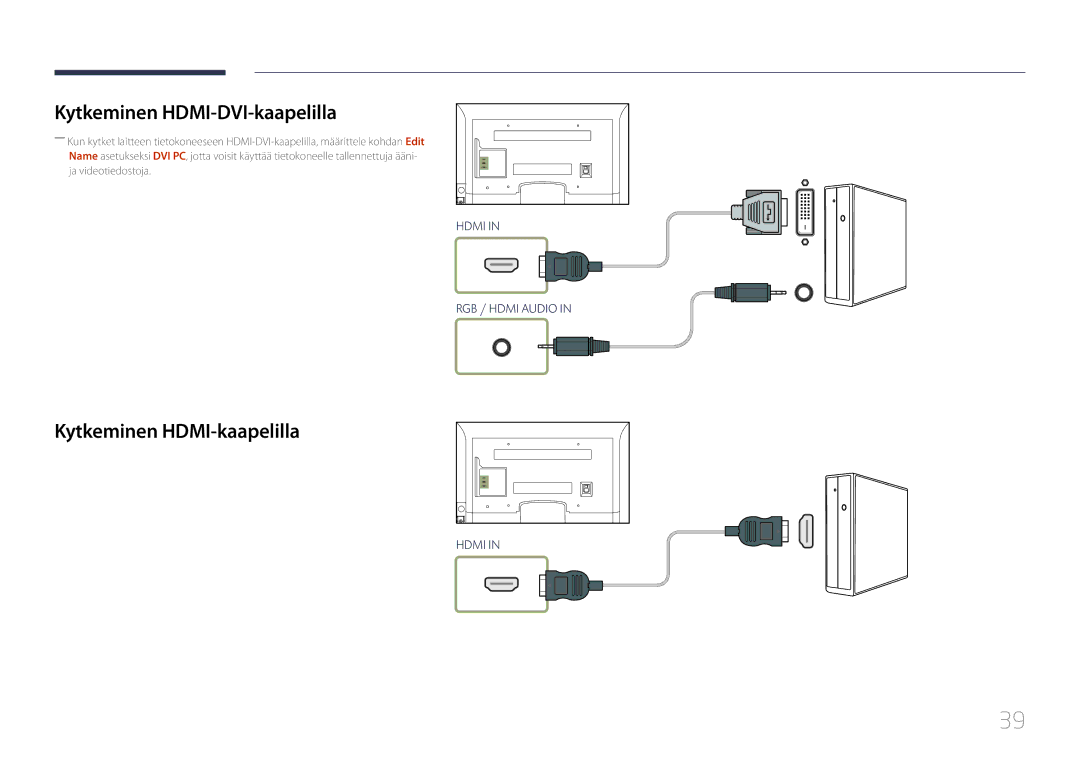 Samsung LH46EDCPLBC/EN, LH32EDCPLBC/EN, LH75EDCPLBC/EN manual Kytkeminen HDMI-DVI-kaapelilla, Kytkeminen HDMI-kaapelilla 