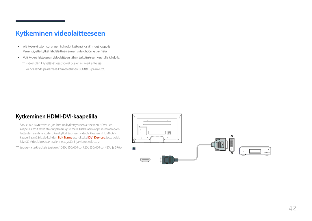 Samsung LH32EDCPLBC/EN, LH75EDCPLBC/EN, LH65EDCPLBC/EN manual Kytkeminen videolaitteeseen, Kytkeminen HDMI-DVI-kaapelilla 