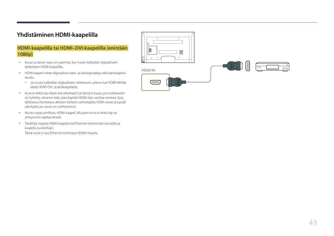 Samsung LH75EDCPLBC/EN manual Yhdistäminen HDMI-kaapelilla, HDMI-kaapelilla tai HDMI-DVI-kaapelilla enintään 1080p 