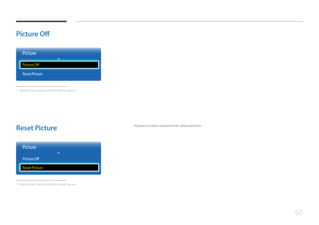 Samsung LH75EDCPLBC/EN, LH32EDCPLBC/EN manual Picture Off, Reset Picture, Nykyisen kuvatilan palauttaminen oletusasetuksiin 