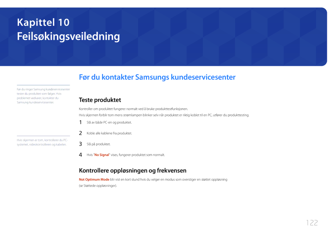 Samsung LH40EDCPLBC/EN manual Feilsøkingsveiledning, Før du kontakter Samsungs kundeservicesenter, 122, Teste produktet 