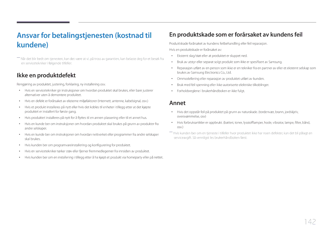 Samsung LH65EDCPLBC/EN manual Ansvar for betalingstjenesten kostnad til kundene, 142, Ikke en produktdefekt, Annet 