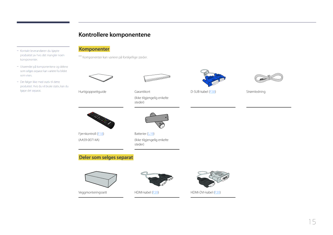 Samsung LH75EDCPLBC/EN, LH32EDCPLBC/EN, LH65EDCPLBC/EN manual Kontrollere komponentene, Komponenter, Deler som selges separat 