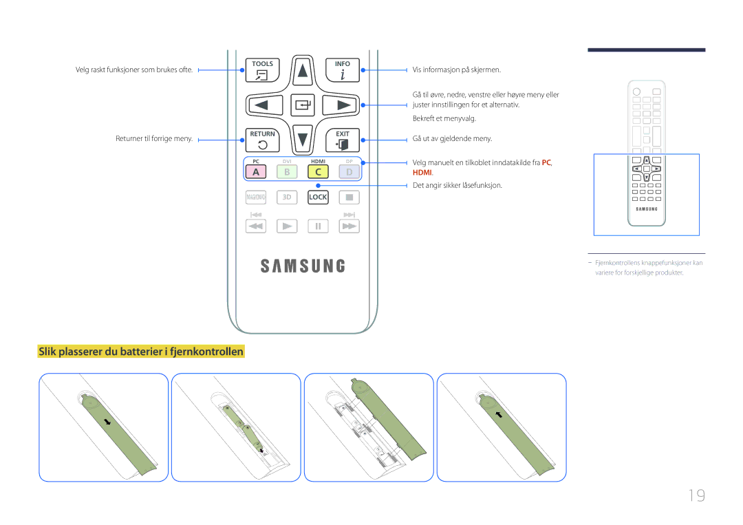 Samsung LH55EDCPLBC/EN manual Slik plasserer du batterier i fjernkontrollen, Velg raskt funksjoner som brukes ofte 