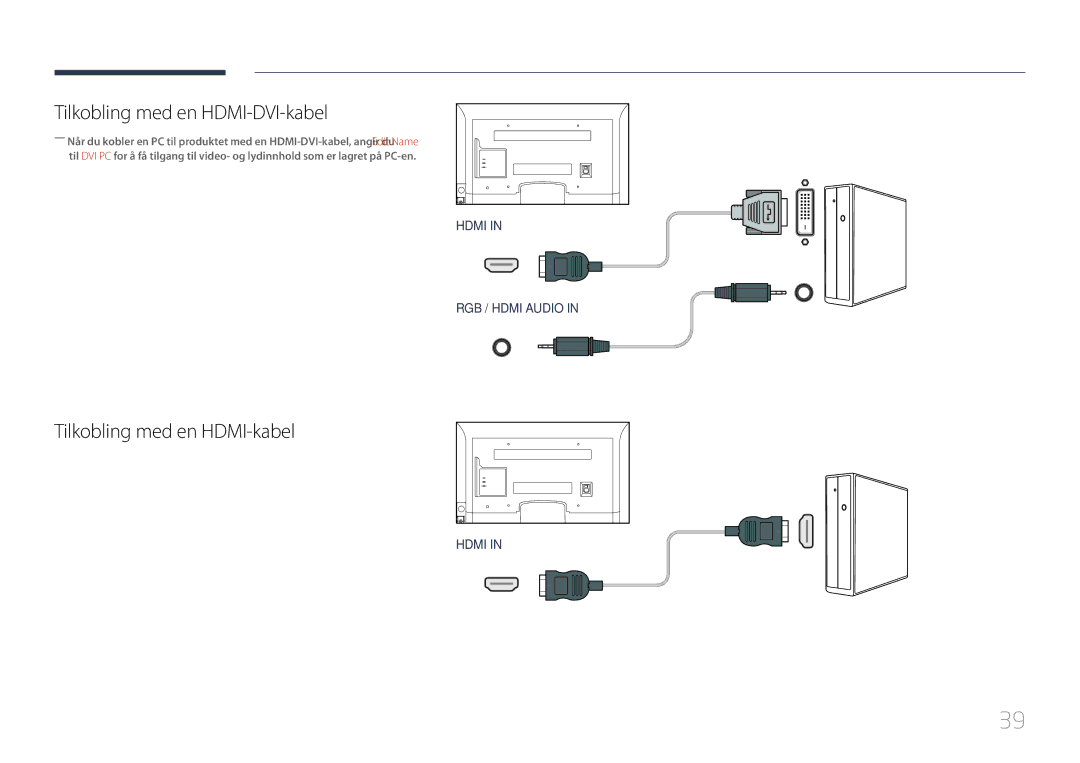 Samsung LH46EDCPLBC/EN, LH32EDCPLBC/EN, LH75EDCPLBC/EN manual Tilkobling med en HDMI-DVI-kabel, Tilkobling med en HDMI-kabel 