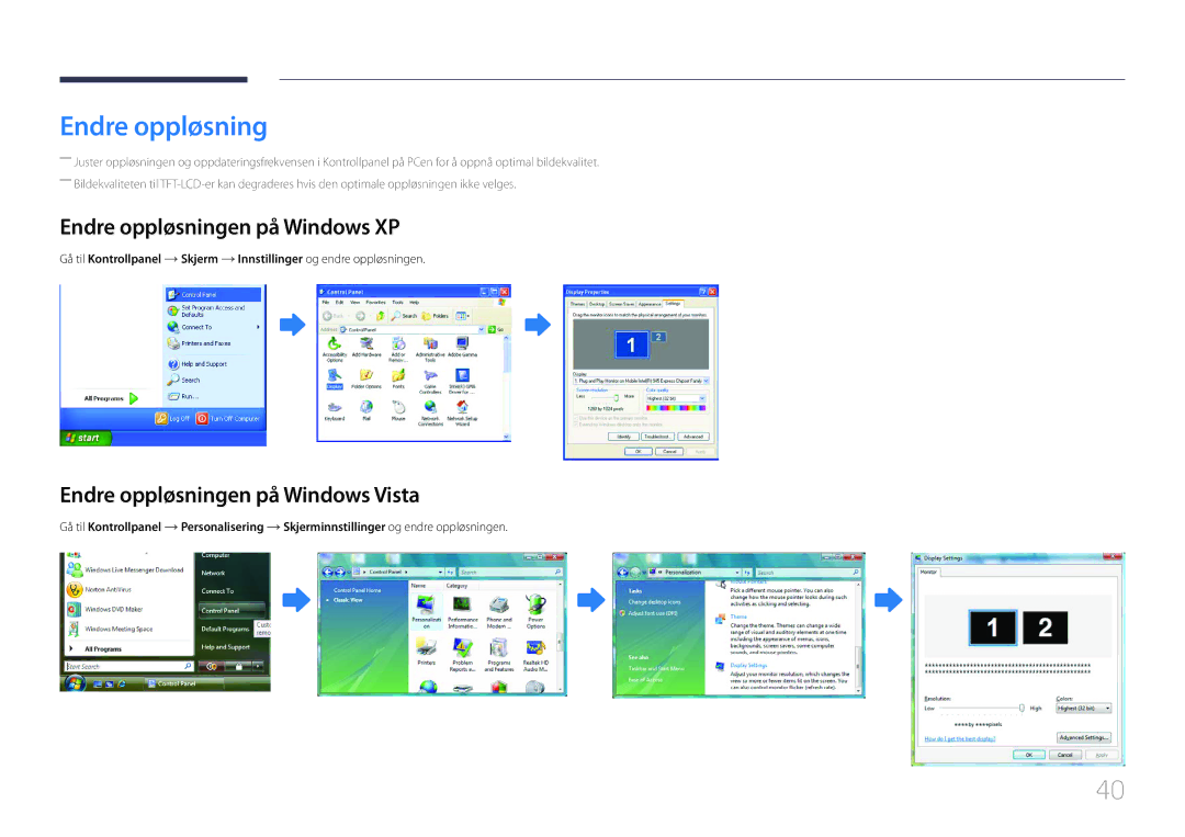 Samsung LH55EDCPLBC/EN, LH32EDCPLBC/EN manual Endre oppløsningen på Windows XP, Endre oppløsningen på Windows Vista 