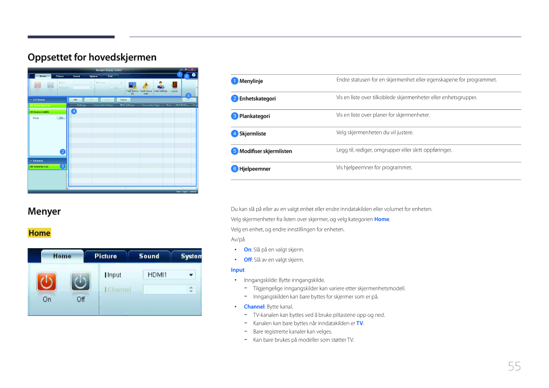 Samsung LH65EDCPRBC/EN, LH32EDCPLBC/EN, LH75EDCPLBC/EN, LH65EDCPLBC/EN, LH40EDCPLBC/EN Oppsettet for hovedskjermen Menyer 